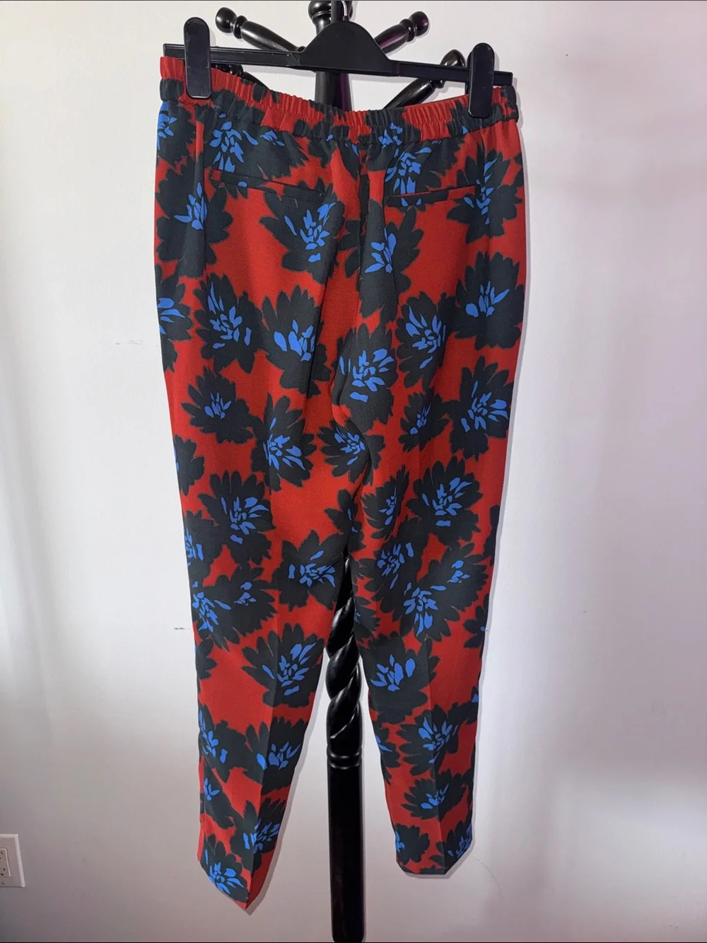 J. Crew Red Floral Print Trousers with Blue and Black Motif 7.1M
